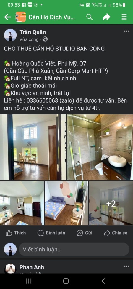 CHO THUÊ CĂN HỘ STUDIO BAN CÔNG Hoàng Quốc Việt, Phú Mỹ Q7, 25m2