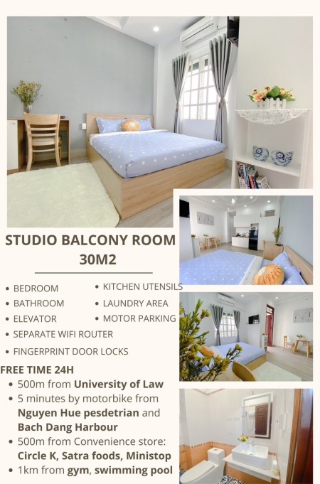 Cho thuê studio full nội thất ban công Quận 4, 30m2