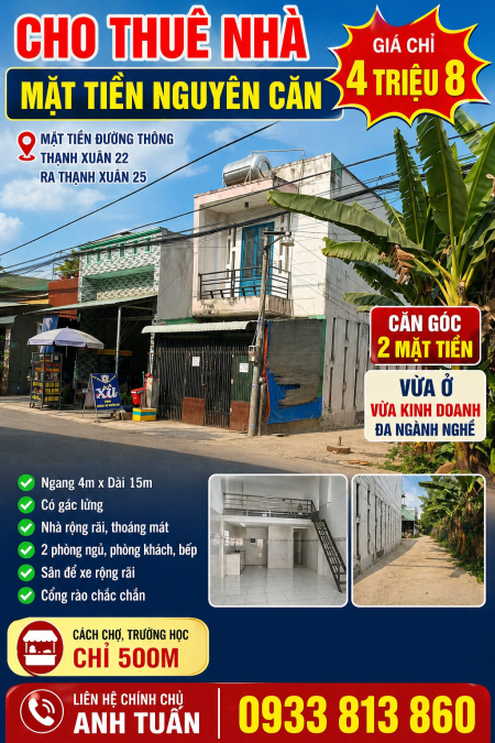  CHO THUÊ NHÀ NGUYÊN CĂN MẶT TIỀN – GIÁ CHỈ 4.8 TRIỆU/THÁNG , 90m2