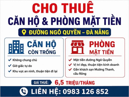 Chính chủ cho thuê căn hộ và mặt bằng kinh doanh mặt tiền Đ.Ngô Quyền, TP.Đà Nẵng; 0983126852, 32m2